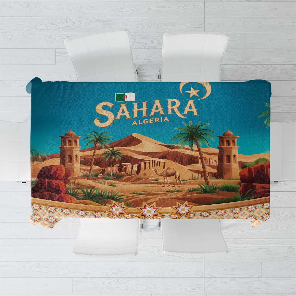 Sahara Algeria Tablecloth with Desert Camel Landscape and Islamic Motif Design