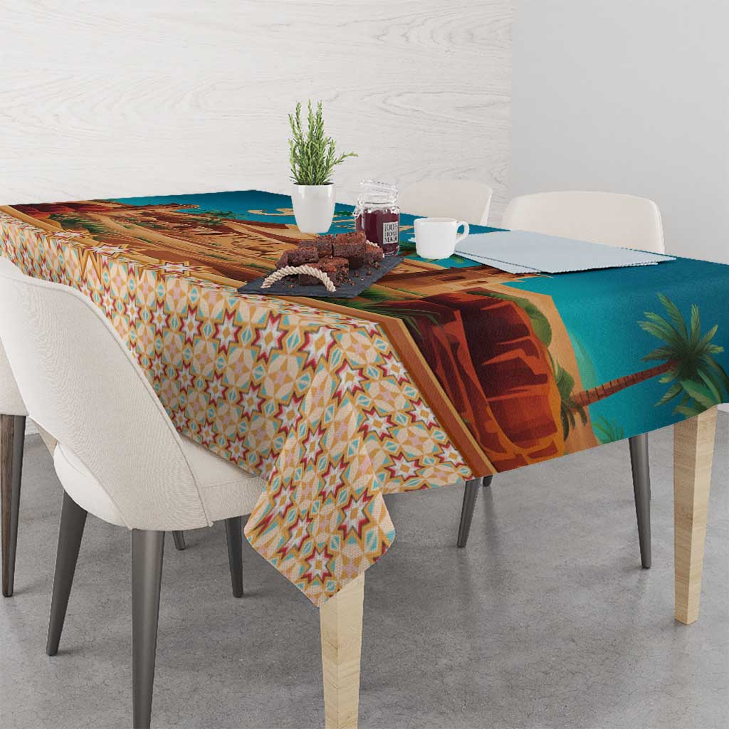 Sahara Algeria Tablecloth with Desert Camel Landscape and Islamic Motif Design