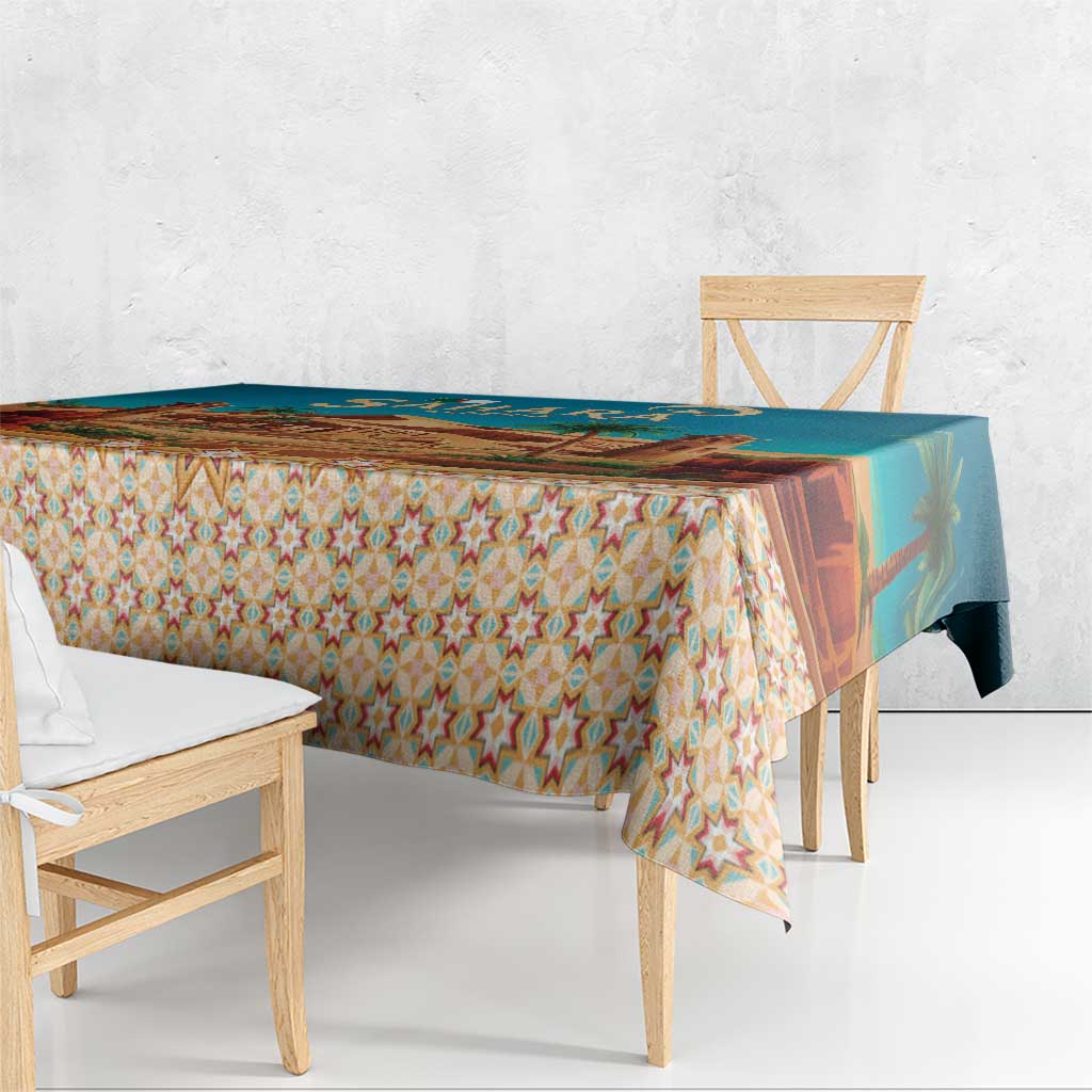 Sahara Algeria Tablecloth with Desert Camel Landscape and Islamic Motif Design