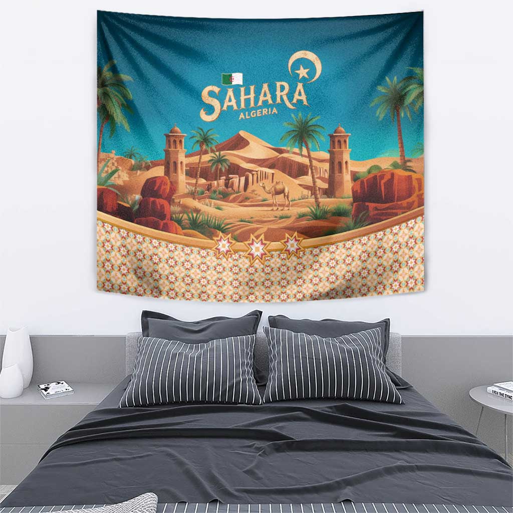 Sahara Algeria Tapestry with Desert Camel Landscape and Islamic Motif Design