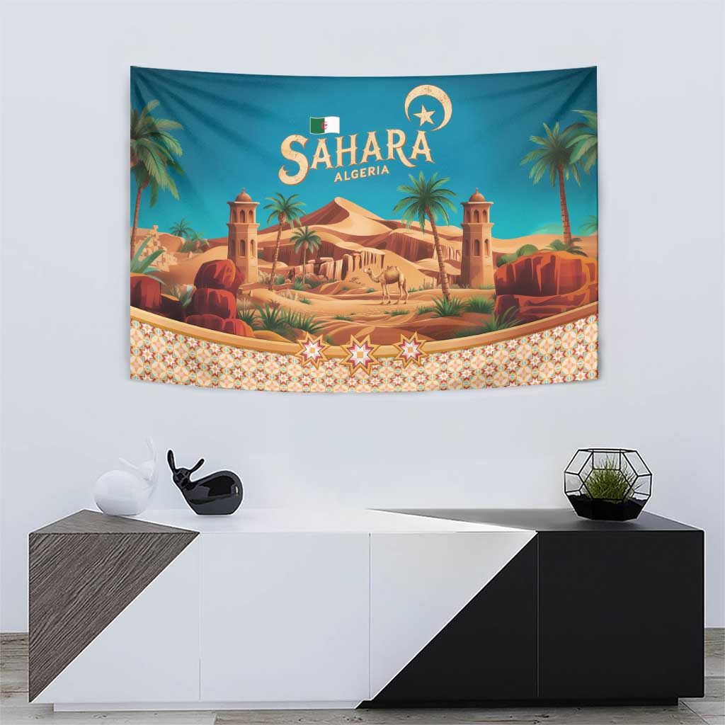 Sahara Algeria Tapestry with Desert Camel Landscape and Islamic Motif Design