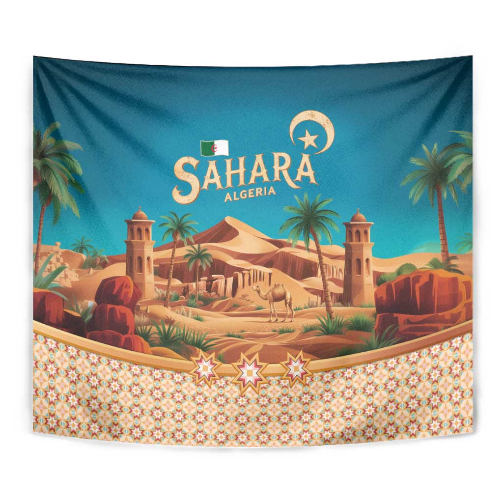 Sahara Algeria Tapestry with Desert Camel Landscape and Islamic Motif Design