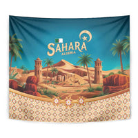 Sahara Algeria Tapestry with Desert Camel Landscape and Islamic Motif Design