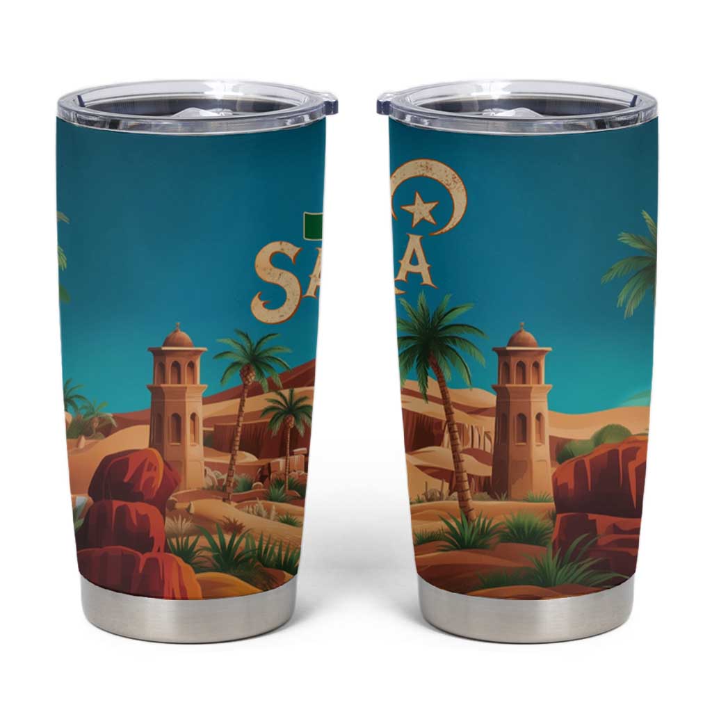 Sahara Algeria Tumbler Cup with Desert Camel Landscape and Islamic Motif Design
