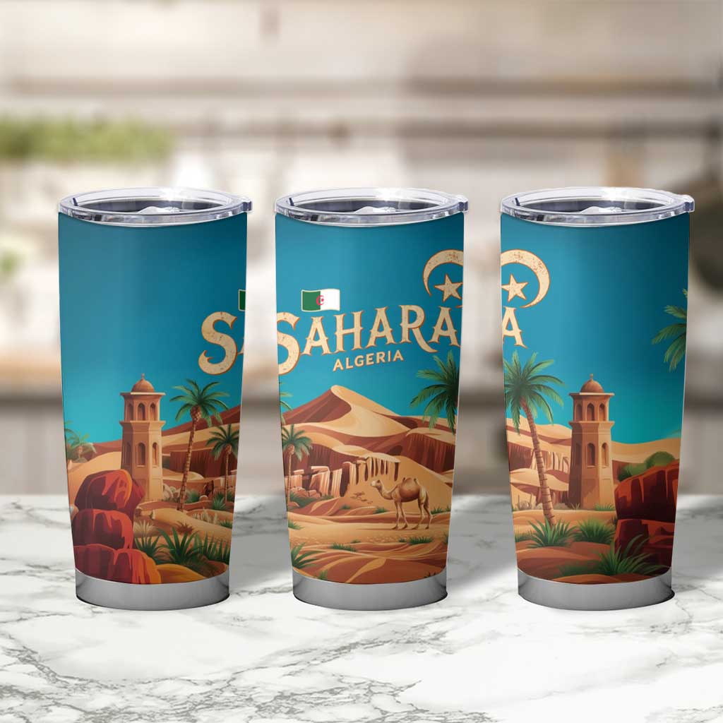 Sahara Algeria Tumbler Cup with Desert Camel Landscape and Islamic Motif Design