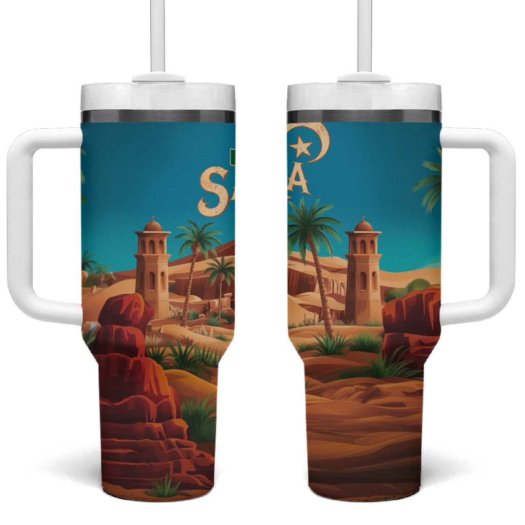 Sahara Algeria Tumbler With Handle with Desert Camel Landscape and Islamic Motif Design