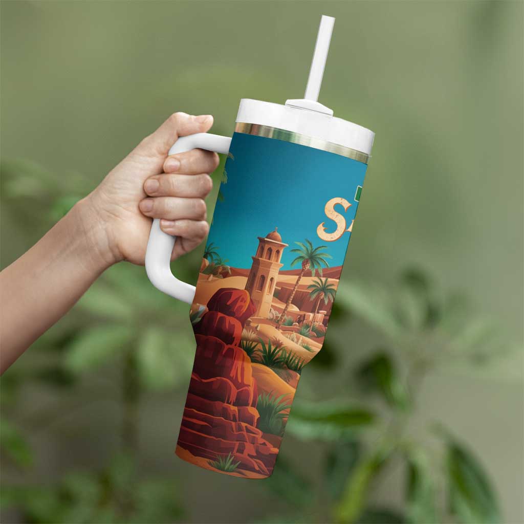Sahara Algeria Tumbler With Handle with Desert Camel Landscape and Islamic Motif Design