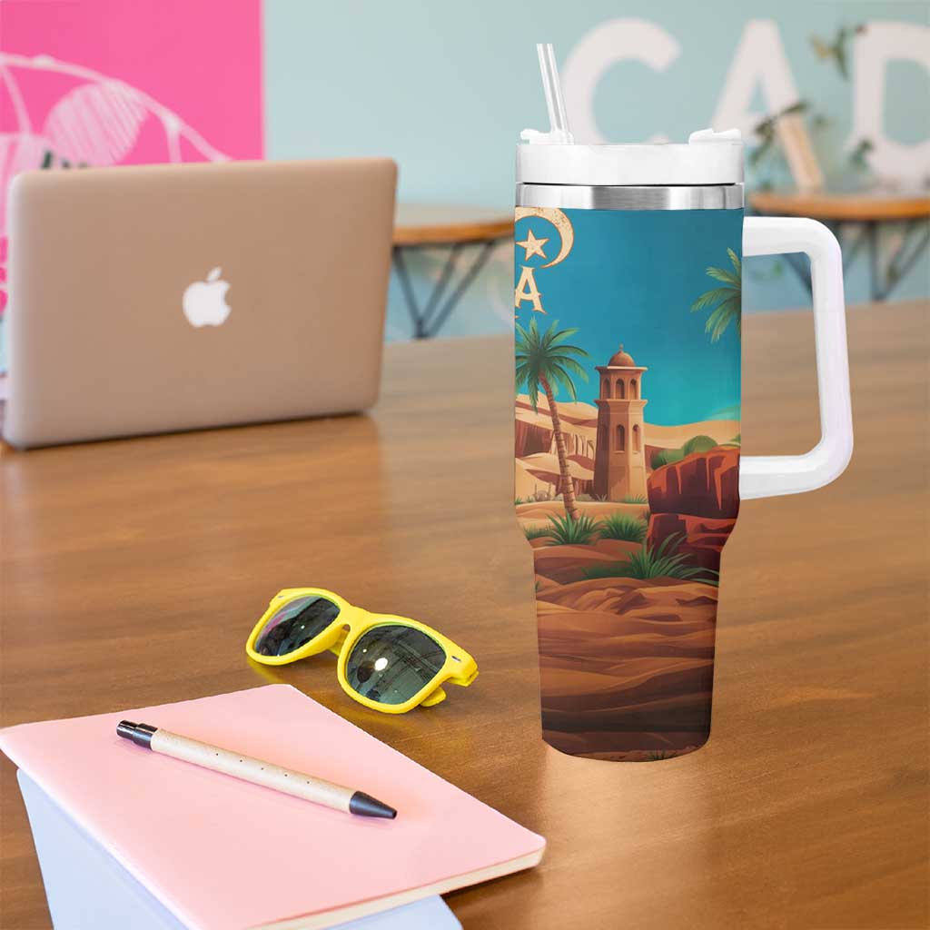Sahara Algeria Tumbler With Handle with Desert Camel Landscape and Islamic Motif Design