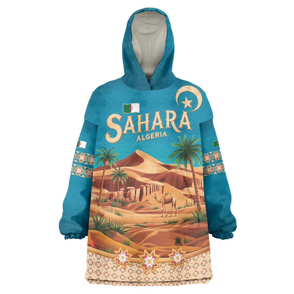 Sahara Algeria Wearable Blanket Hoodie with Desert Camel Landscape and Islamic Motif Design