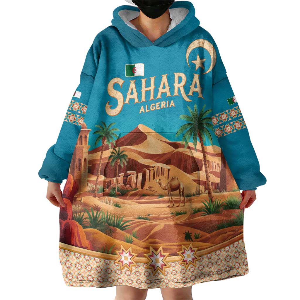 Sahara Algeria Wearable Blanket Hoodie with Desert Camel Landscape and Islamic Motif Design