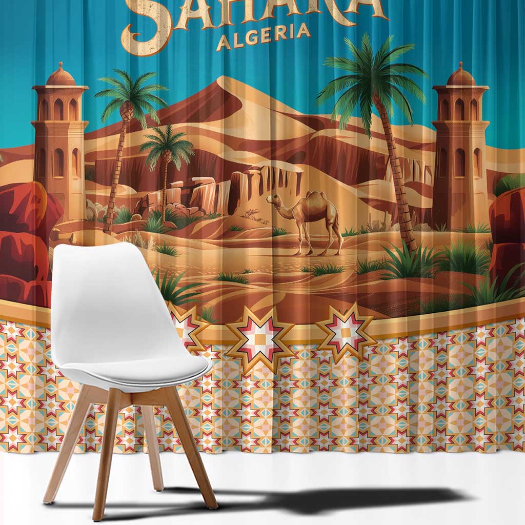Sahara Algeria Window Curtain with Desert Camel Landscape and Islamic Motif Design