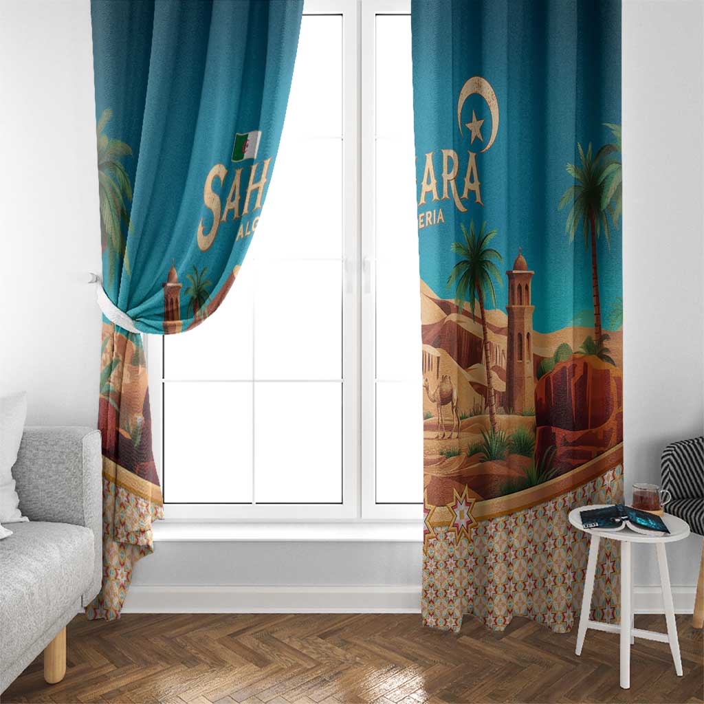 Sahara Algeria Window Curtain with Desert Camel Landscape and Islamic Motif Design