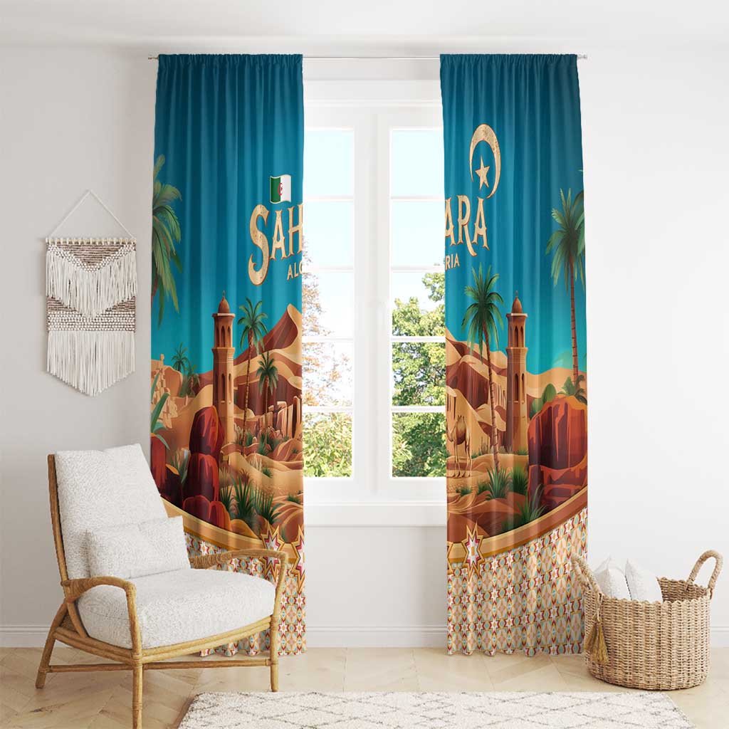 Sahara Algeria Window Curtain with Desert Camel Landscape and Islamic Motif Design