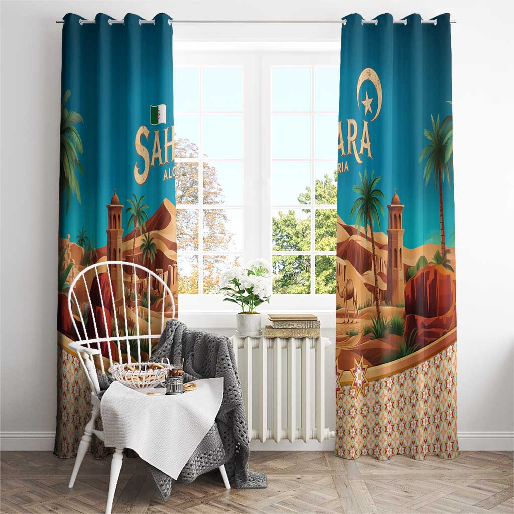 Sahara Algeria Window Curtain with Desert Camel Landscape and Islamic Motif Design