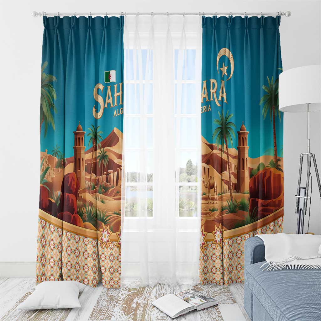 Sahara Algeria Window Curtain with Desert Camel Landscape and Islamic Motif Design