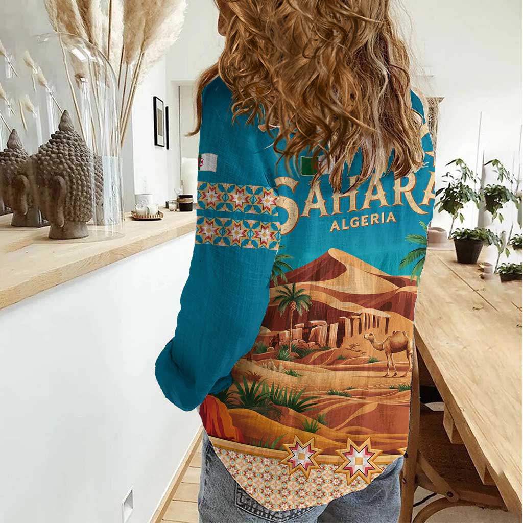 Sahara Algeria Women Casual Shirt with Desert Camel Landscape and Islamic Motif Design