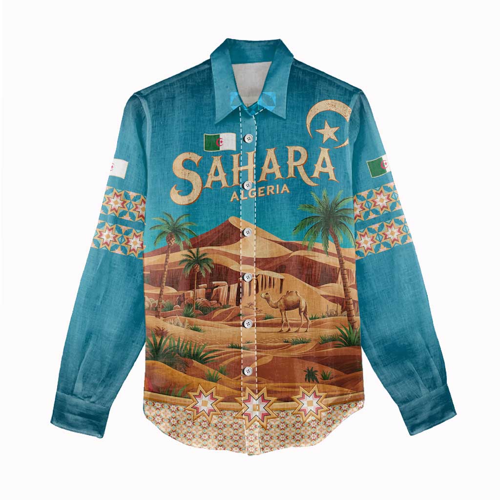 Sahara Algeria Women Casual Shirt with Desert Camel Landscape and Islamic Motif Design