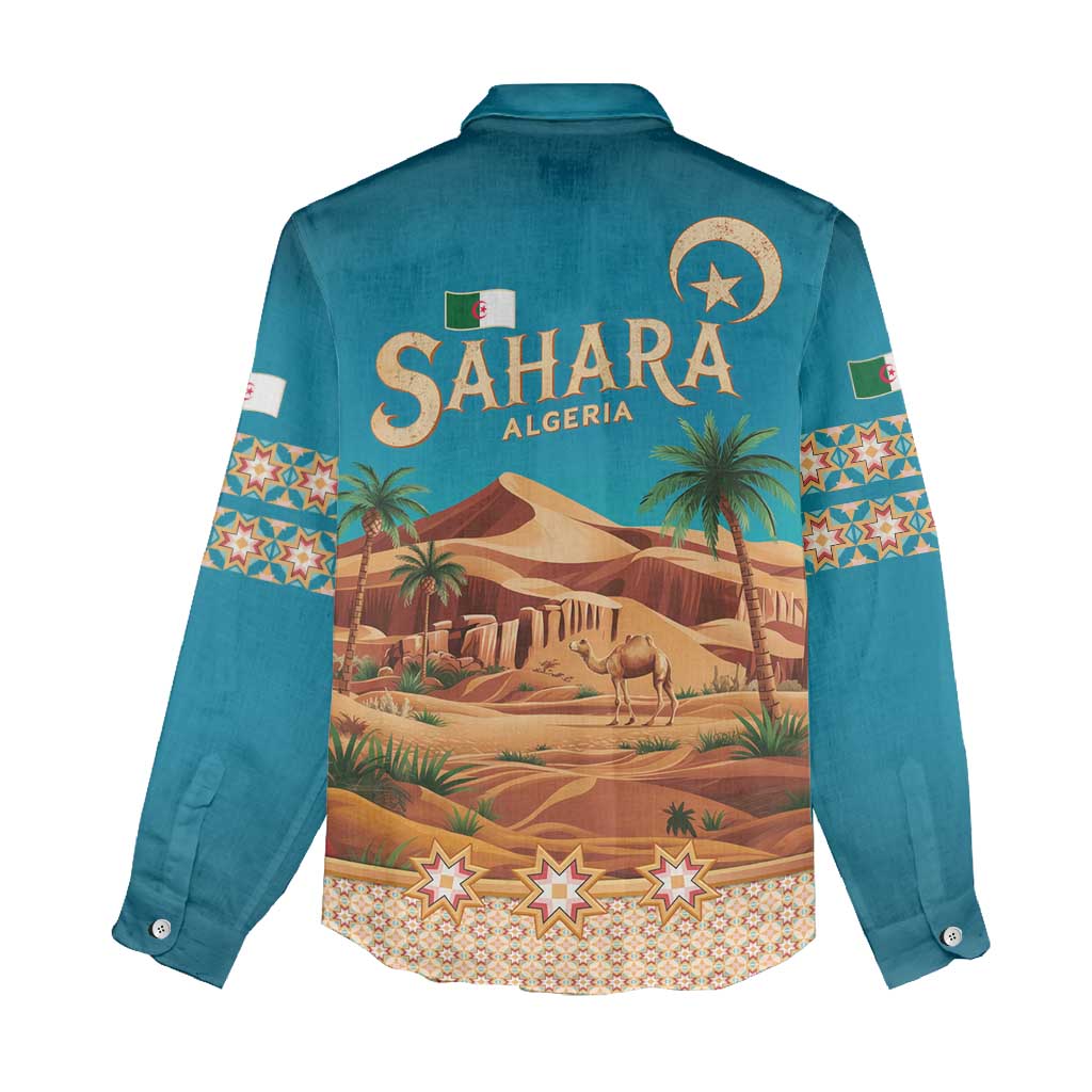 Sahara Algeria Women Casual Shirt with Desert Camel Landscape and Islamic Motif Design