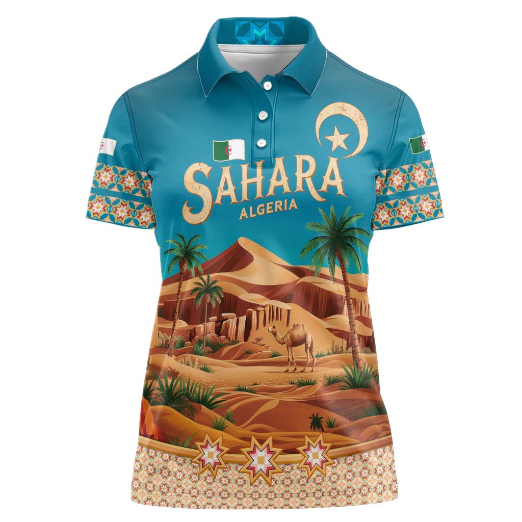 Sahara Algeria Women Polo Shirt with Desert Camel Landscape and Islamic Motif Design
