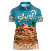 Sahara Algeria Women Polo Shirt with Desert Camel Landscape and Islamic Motif Design