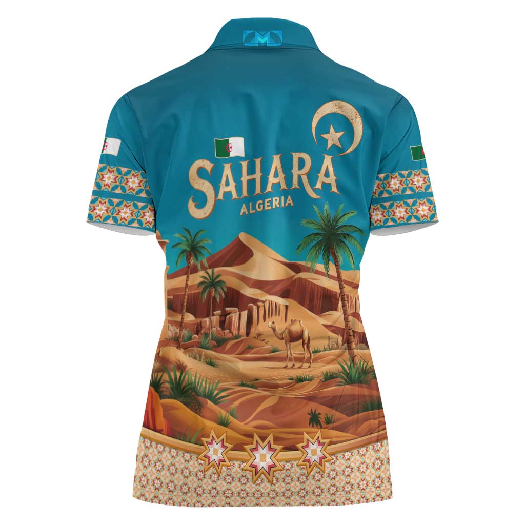 Sahara Algeria Women Polo Shirt with Desert Camel Landscape and Islamic Motif Design