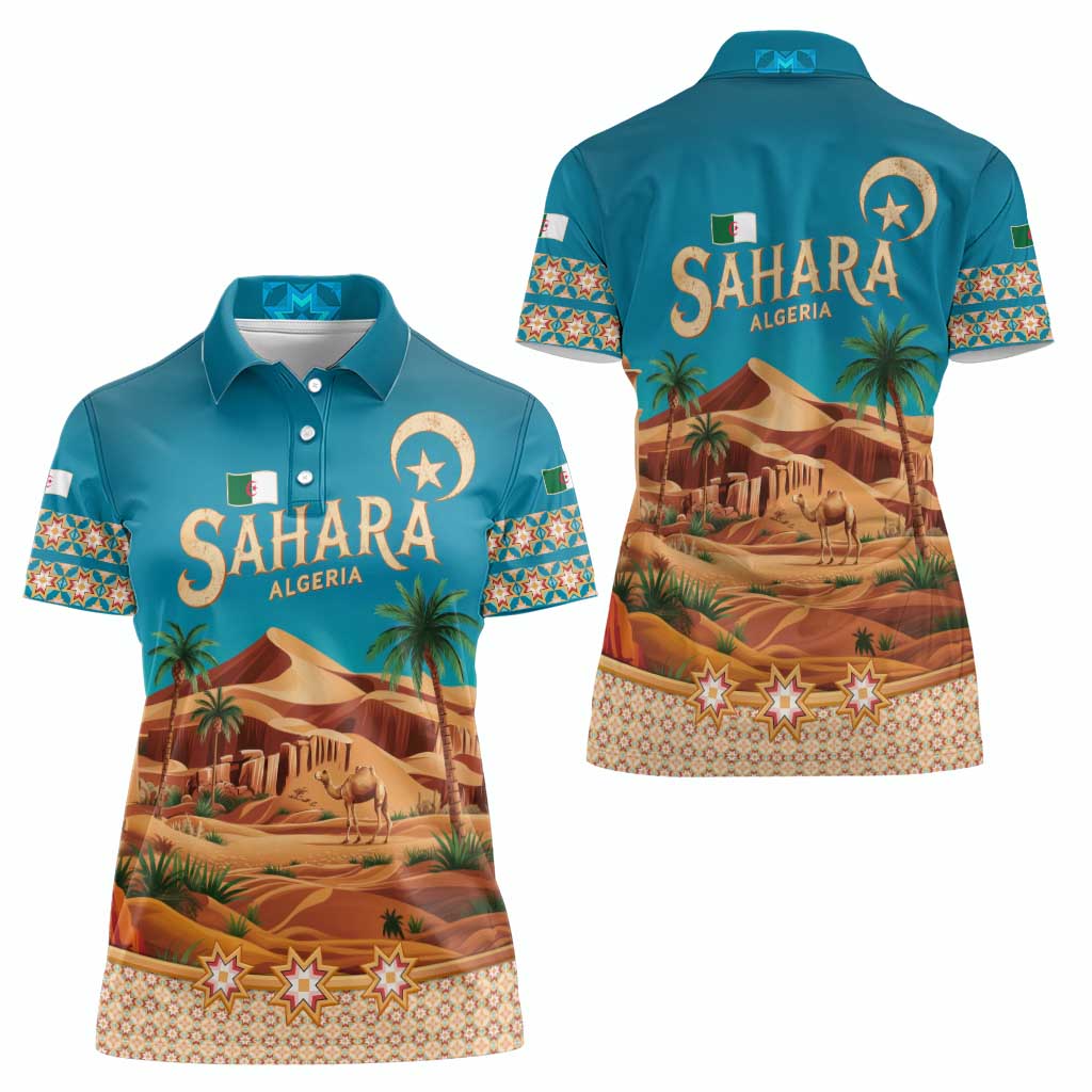Sahara Algeria Women Polo Shirt with Desert Camel Landscape and Islamic Motif Design