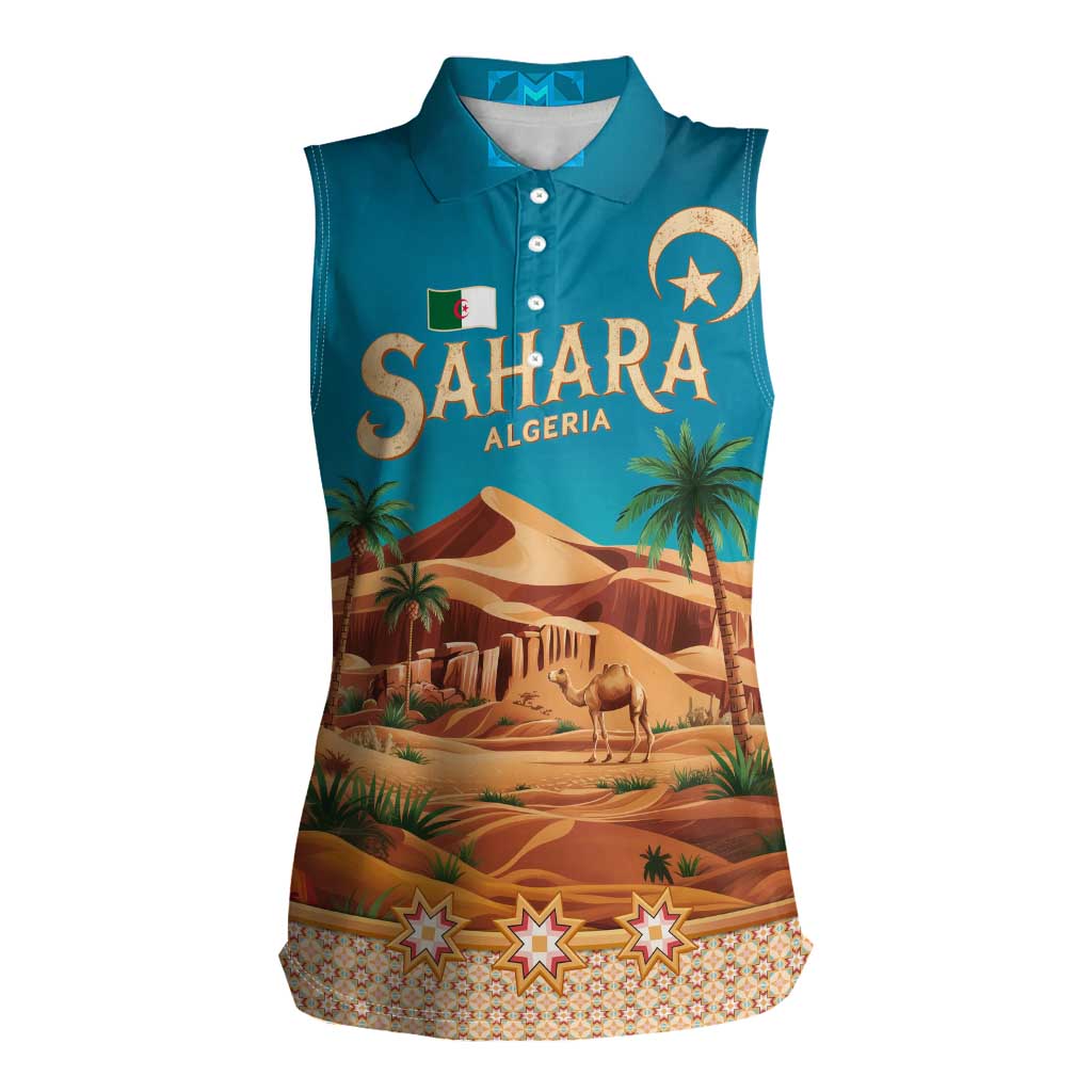 Sahara Algeria Women Sleeveless Polo Shirt with Desert Camel Landscape and Islamic Motif Design