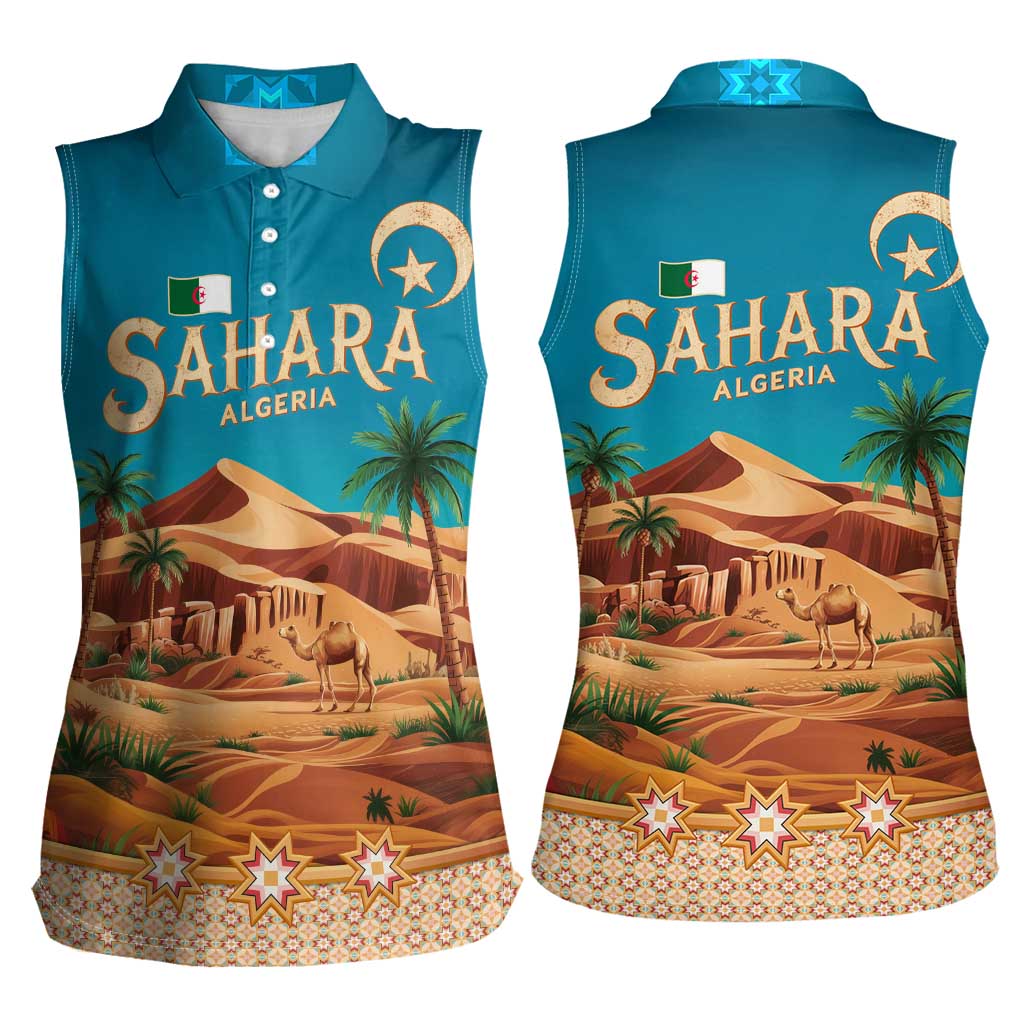 Sahara Algeria Women Sleeveless Polo Shirt with Desert Camel Landscape and Islamic Motif Design