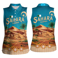 Sahara Algeria Women Sleeveless Polo Shirt with Desert Camel Landscape and Islamic Motif Design