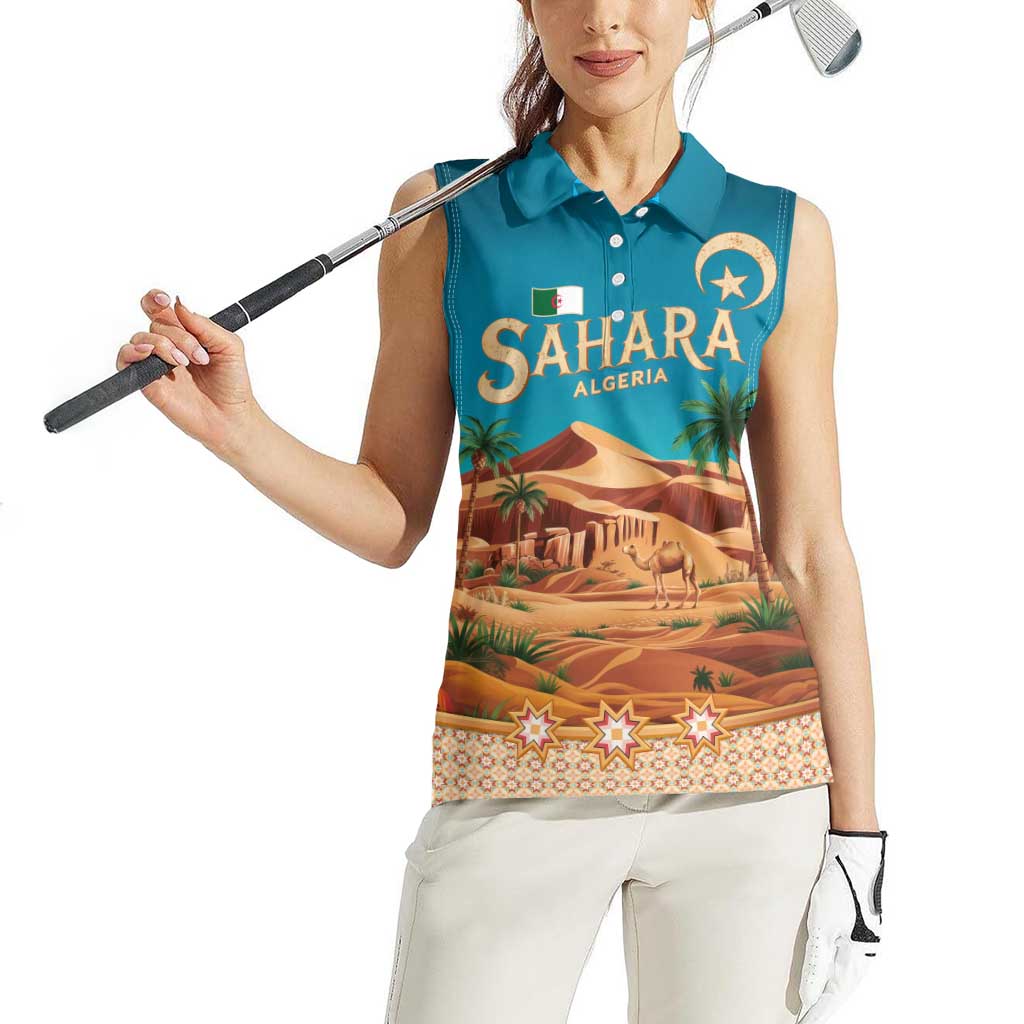 Sahara Algeria Women Sleeveless Polo Shirt with Desert Camel Landscape and Islamic Motif Design