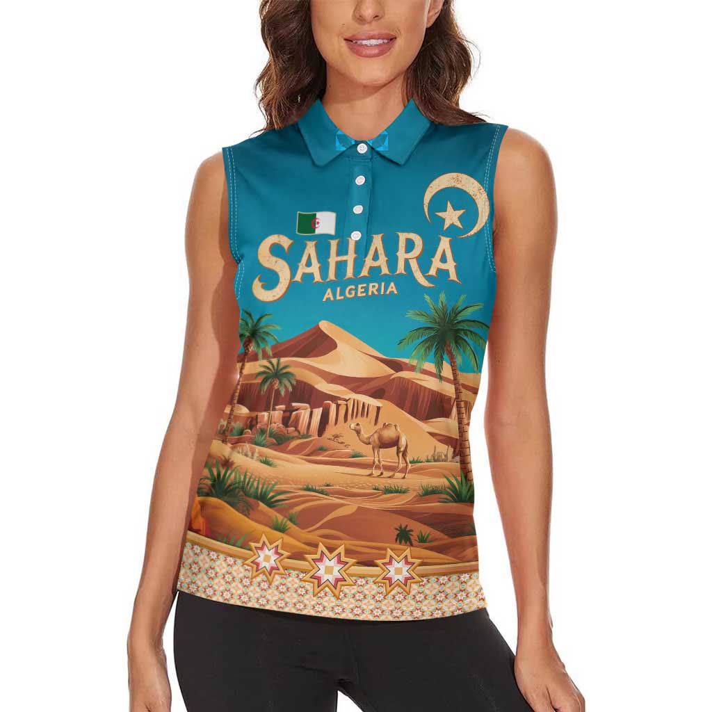 Sahara Algeria Women Sleeveless Polo Shirt with Desert Camel Landscape and Islamic Motif Design