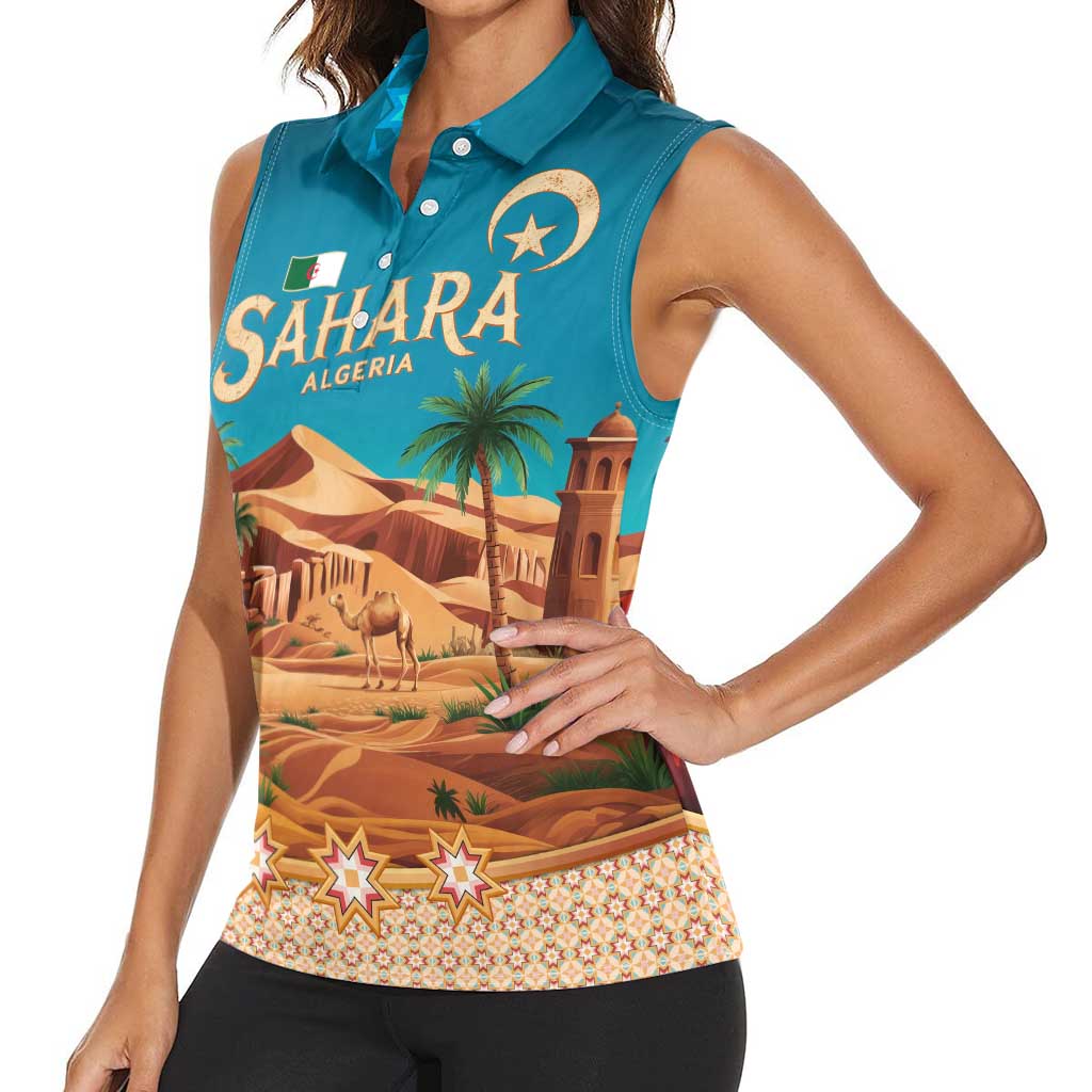 Sahara Algeria Women Sleeveless Polo Shirt with Desert Camel Landscape and Islamic Motif Design