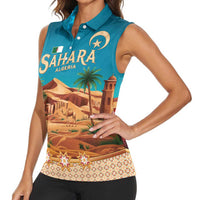Sahara Algeria Women Sleeveless Polo Shirt with Desert Camel Landscape and Islamic Motif Design