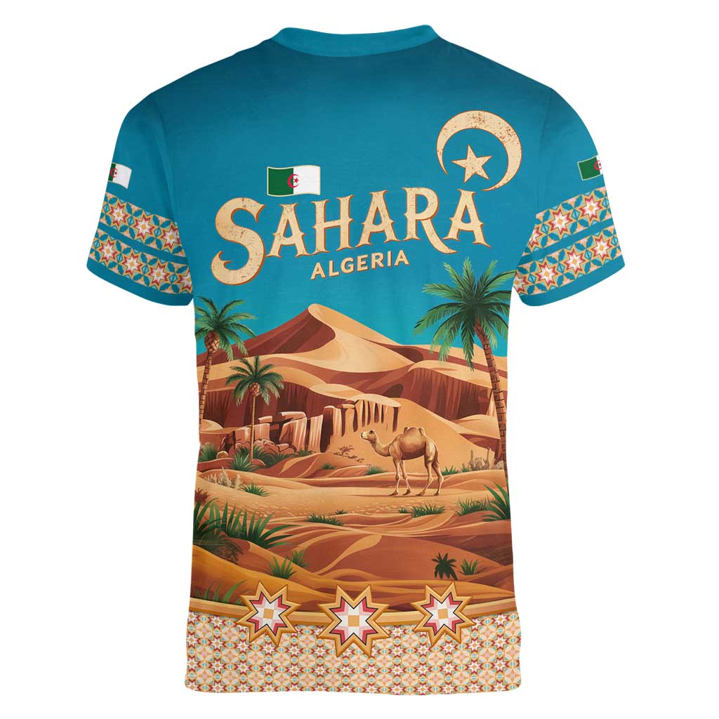 Sahara Algeria Women V-Neck T-Shirt with Desert Camel Landscape and Islamic Motif Design