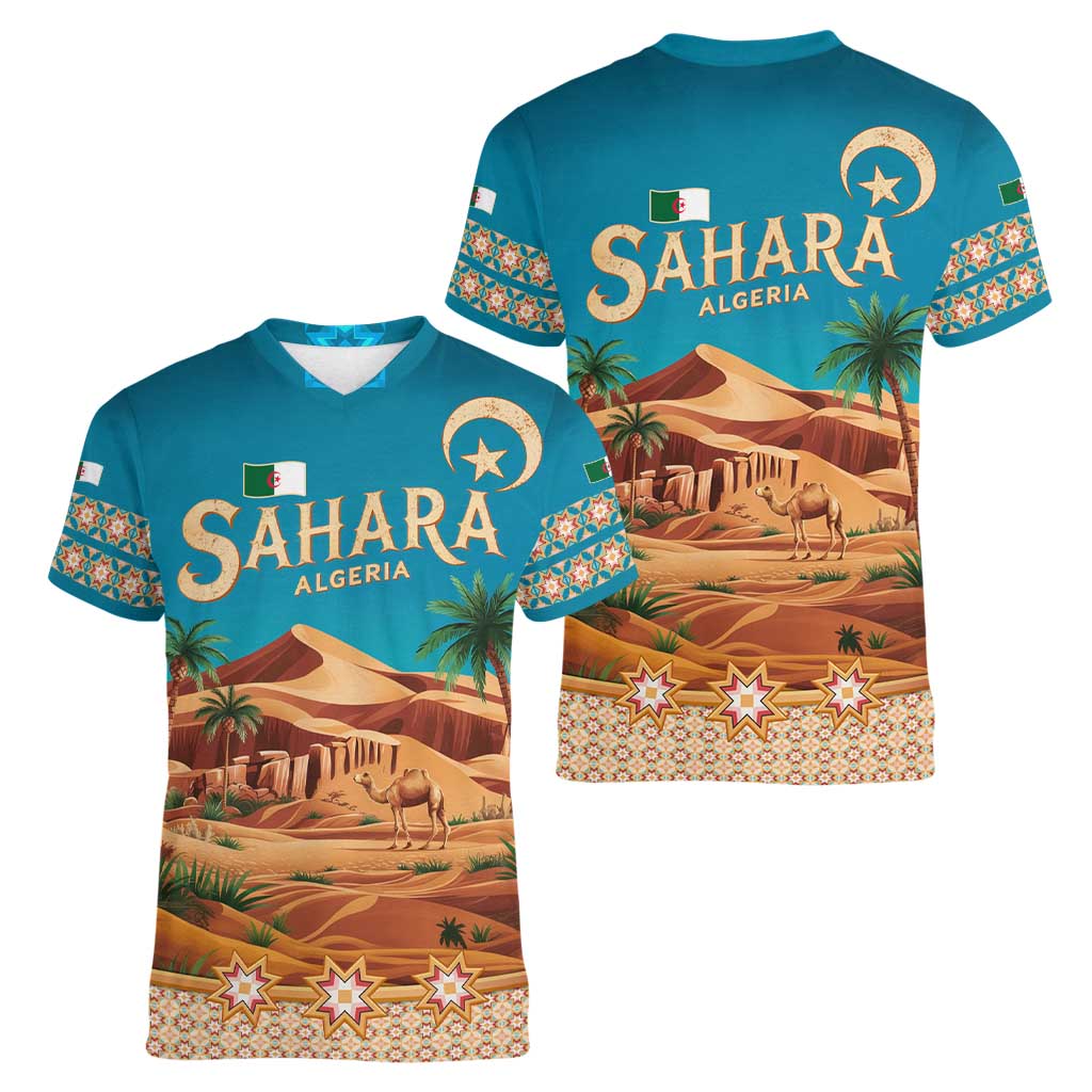 Sahara Algeria Women V-Neck T-Shirt with Desert Camel Landscape and Islamic Motif Design