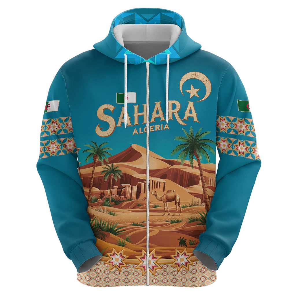 Sahara Algeria Zip Hoodie with Desert Camel Landscape and Islamic Motif Design