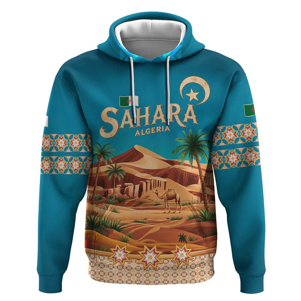 Sahara Algeria Zip Hoodie with Desert Camel Landscape and Islamic Motif Design