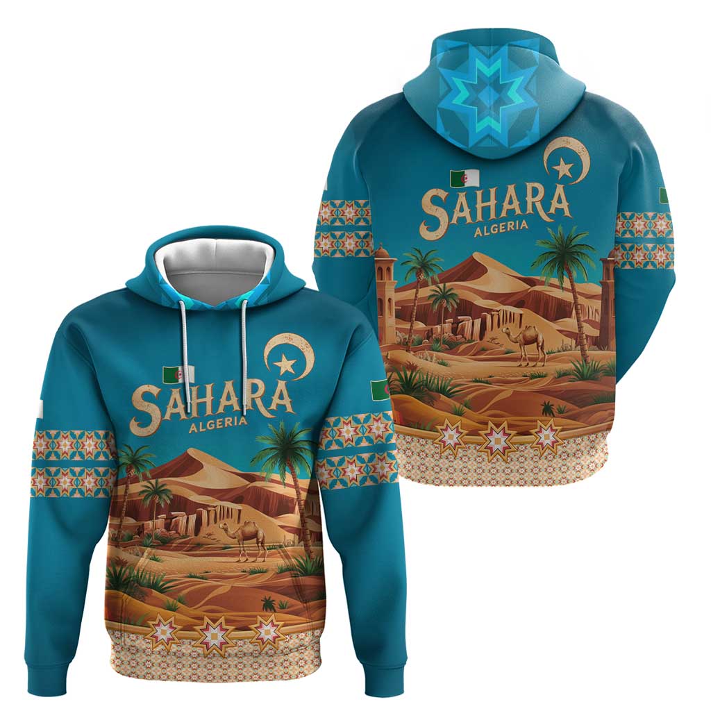 Sahara Algeria Zip Hoodie with Desert Camel Landscape and Islamic Motif Design