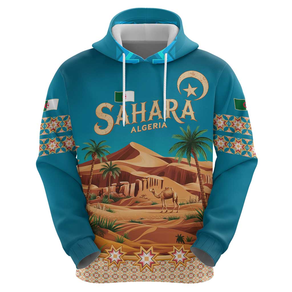 Sahara Algeria Zip Hoodie with Desert Camel Landscape and Islamic Motif Design