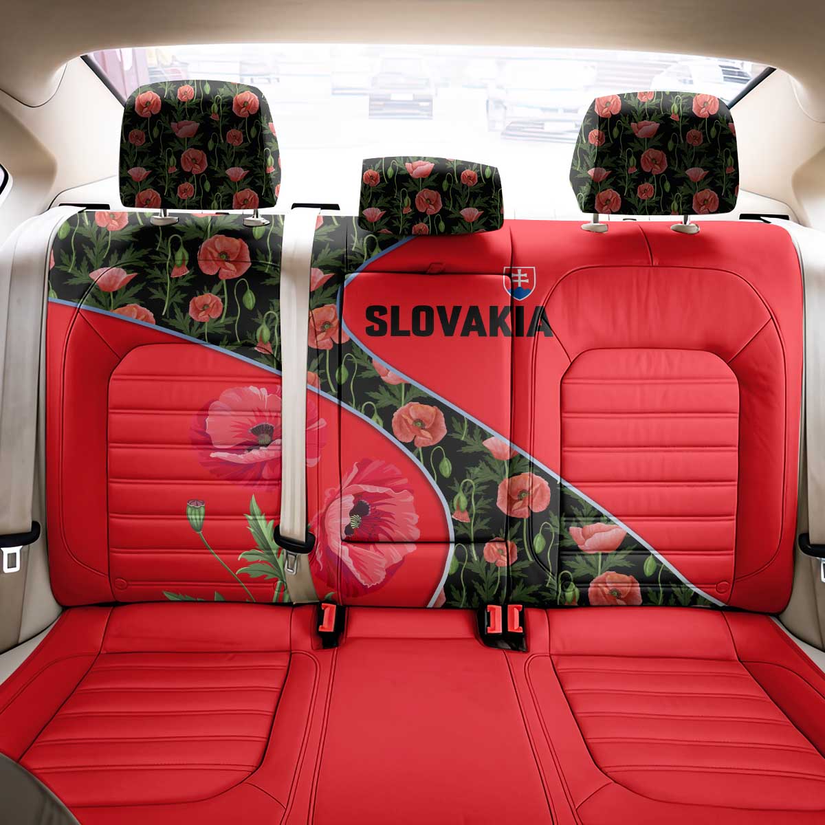Slovakia Coat of Arms Back Car Seat Cover with Red Poppy Flowers and Bold Flag Colors Design - Wonder Print Shop