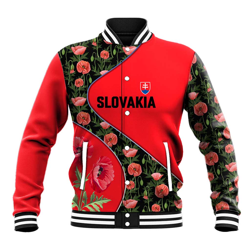 Slovakia Coat of Arms Baseball Jacket with Red Poppy Flowers and Bold Flag Colors Design - Wonder Print Shop