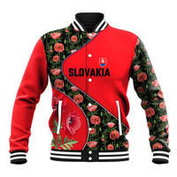 Slovakia Coat of Arms Baseball Jacket with Red Poppy Flowers and Bold Flag Colors Design - Wonder Print Shop