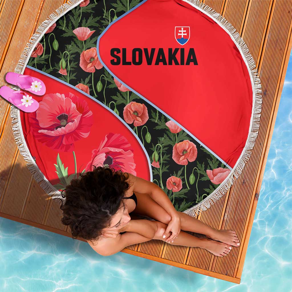 Slovakia Coat of Arms Beach Blanket with Red Poppy Flowers and Bold Flag Colors Design - Wonder Print Shop