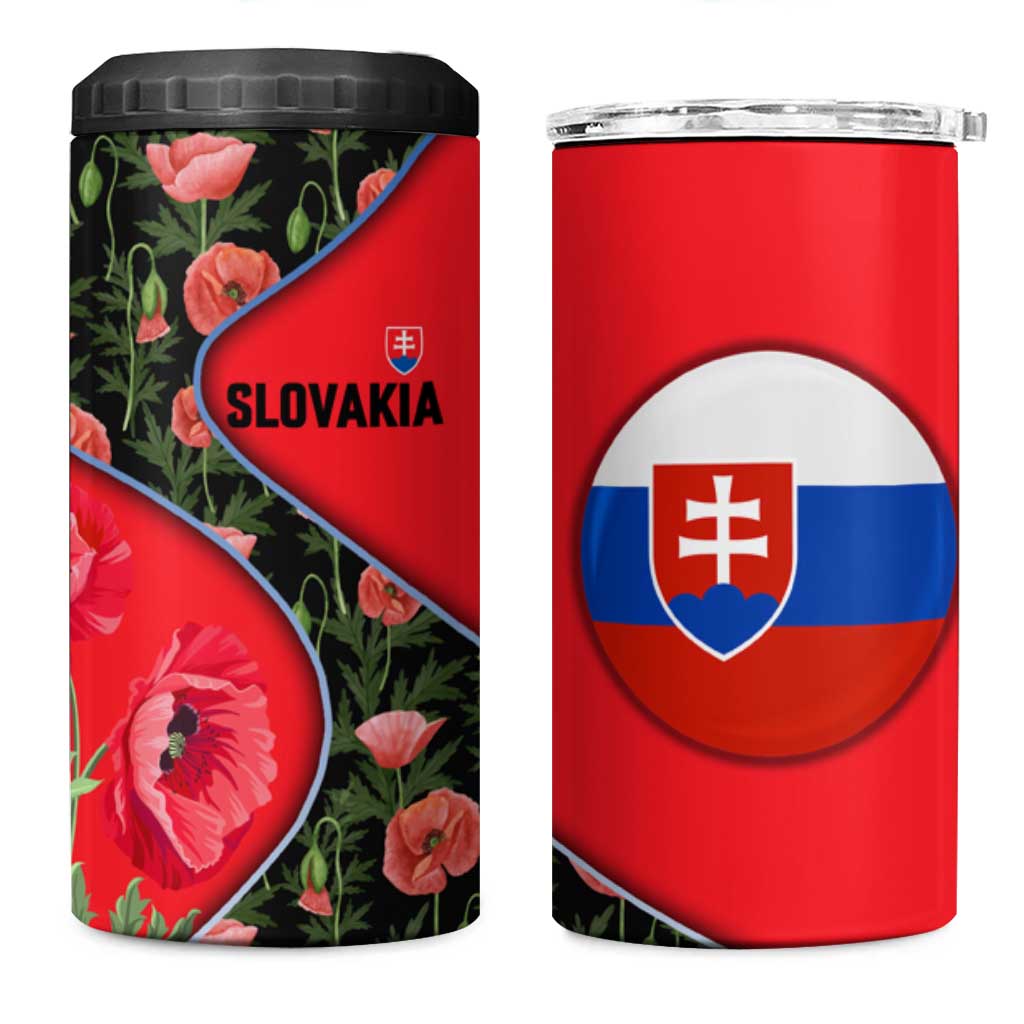 Slovakia Coat of Arms 4 in 1 Can Cooler Tumbler with Red Poppy Flowers and Bold Flag Colors Design - Wonder Print Shop