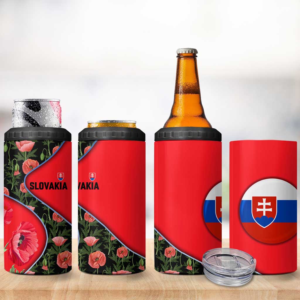 Slovakia Coat of Arms 4 in 1 Can Cooler Tumbler with Red Poppy Flowers and Bold Flag Colors Design - Wonder Print Shop