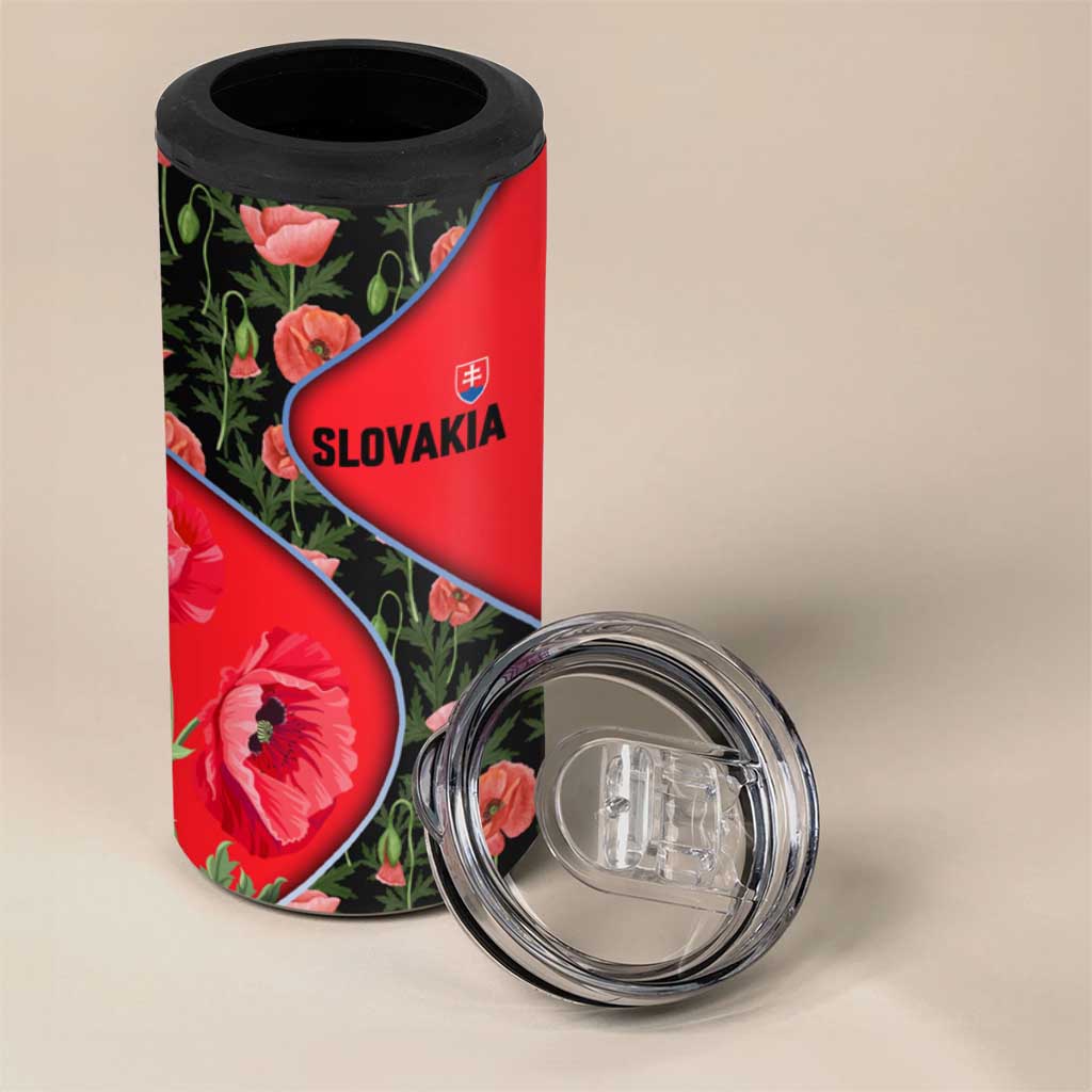 Slovakia Coat of Arms 4 in 1 Can Cooler Tumbler with Red Poppy Flowers and Bold Flag Colors Design - Wonder Print Shop