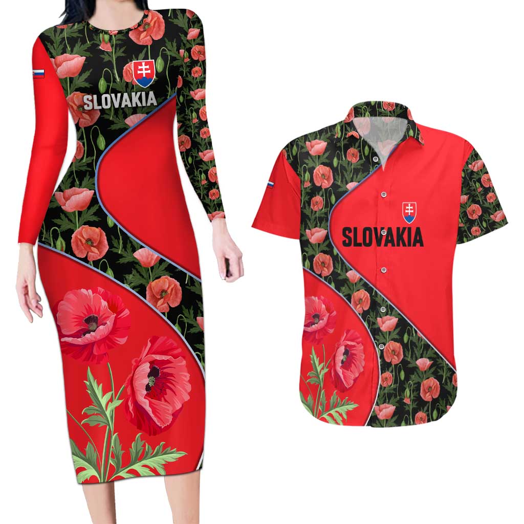 Slovakia Coat of Arms Couples Matching Long Sleeve Bodycon Dress and Hawaiian Shirt with Red Poppy Flowers and Bold Flag Colors Design - Wonder Print Shop