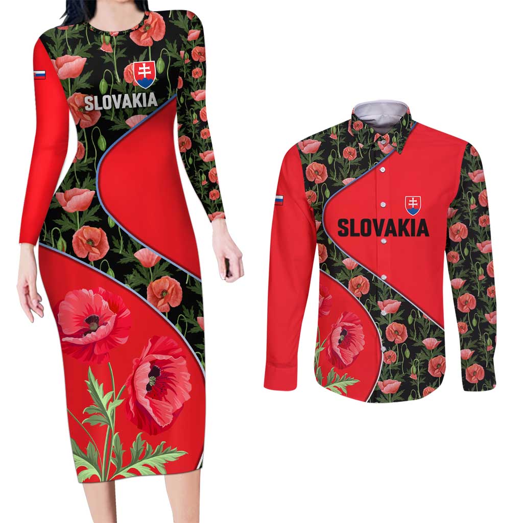 Slovakia Coat of Arms Couples Matching Long Sleeve Bodycon Dress and Long Sleeve Button Shirt with Red Poppy Flowers and Bold Flag Colors Design - Wonder Print Shop
