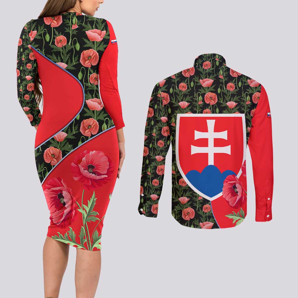 Slovakia Coat of Arms Couples Matching Long Sleeve Bodycon Dress and Long Sleeve Button Shirt with Red Poppy Flowers and Bold Flag Colors Design - Wonder Print Shop