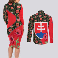 Slovakia Coat of Arms Couples Matching Long Sleeve Bodycon Dress and Long Sleeve Button Shirt with Red Poppy Flowers and Bold Flag Colors Design - Wonder Print Shop